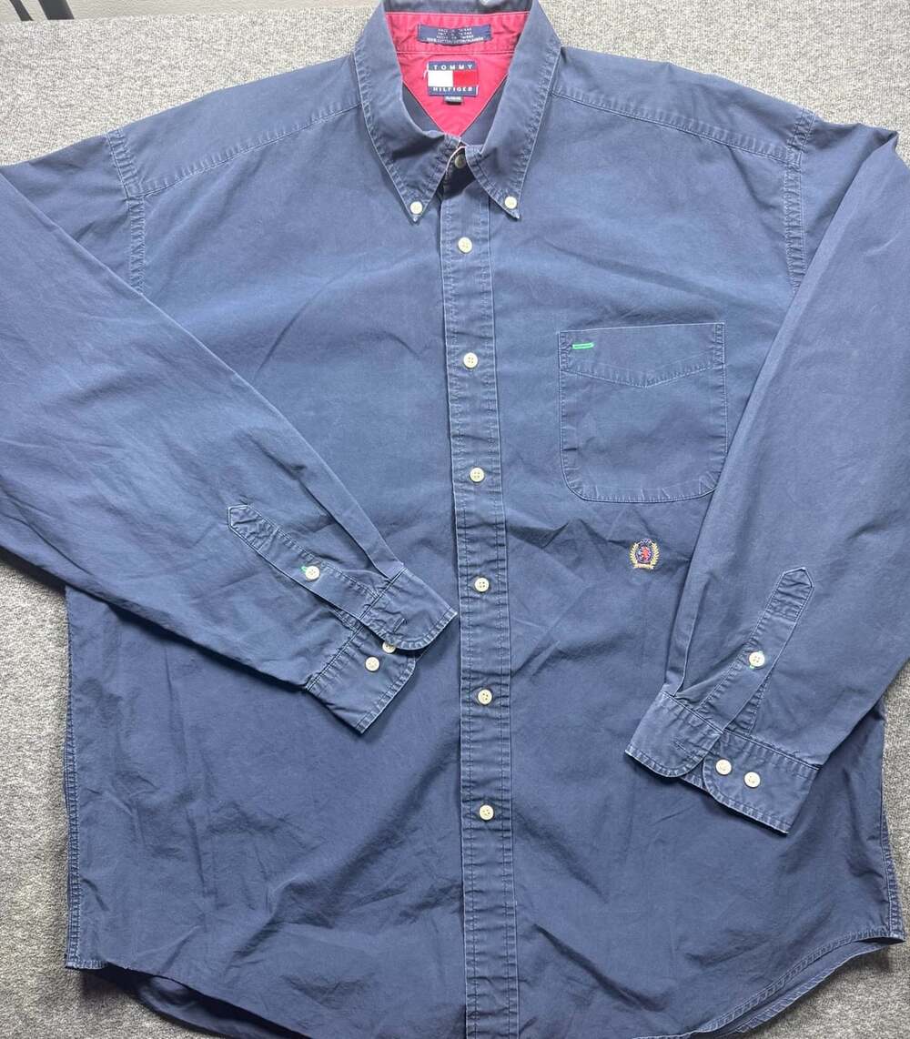 Tommy Hilfiger Button Up Long Sleeve Shirt Size XL Navy Blue Crest Logo
